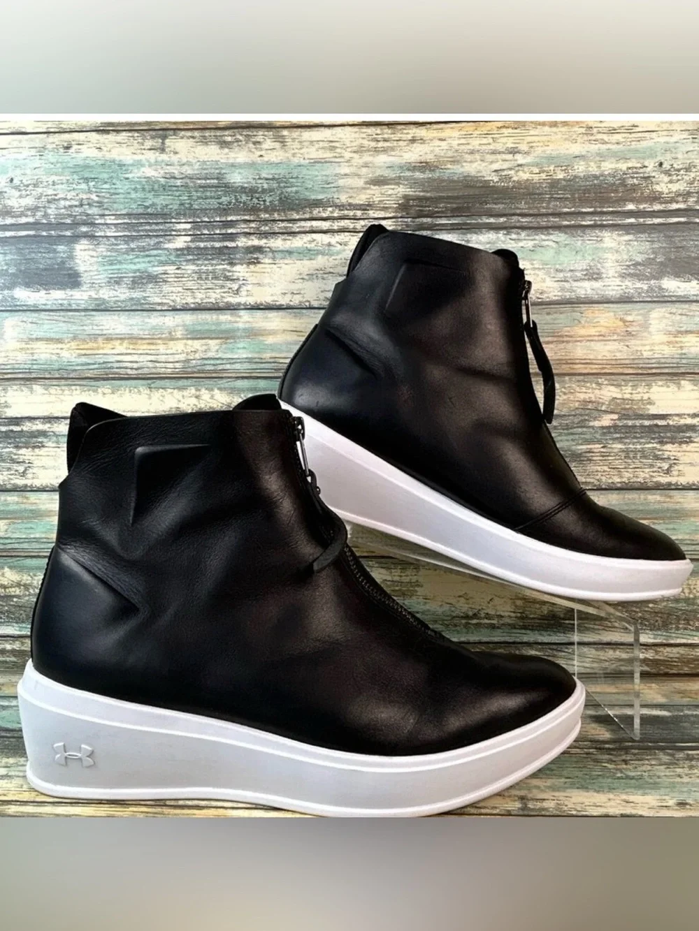 Under Armour Sportwear High Top Sneaker Womens 9.5 Black Leather Neoprene Lining
